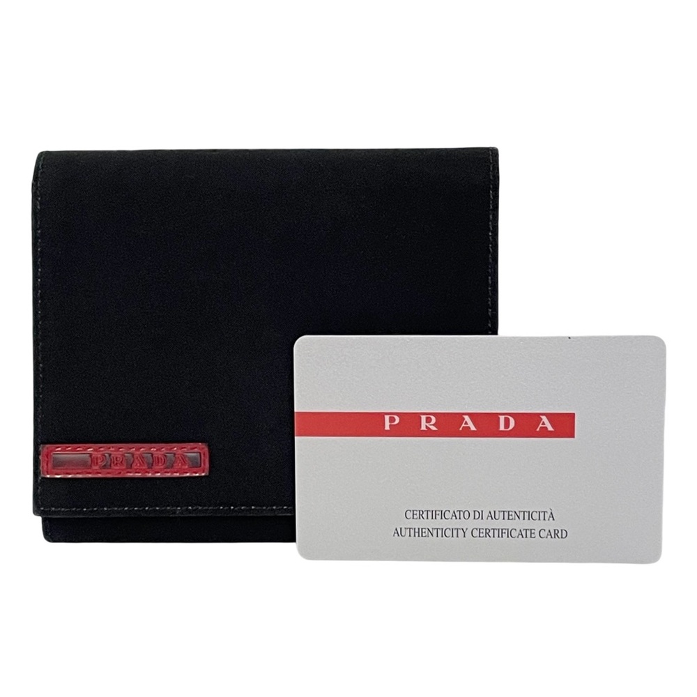 Prada black tech nylon red logo vintage trifold snap wallet